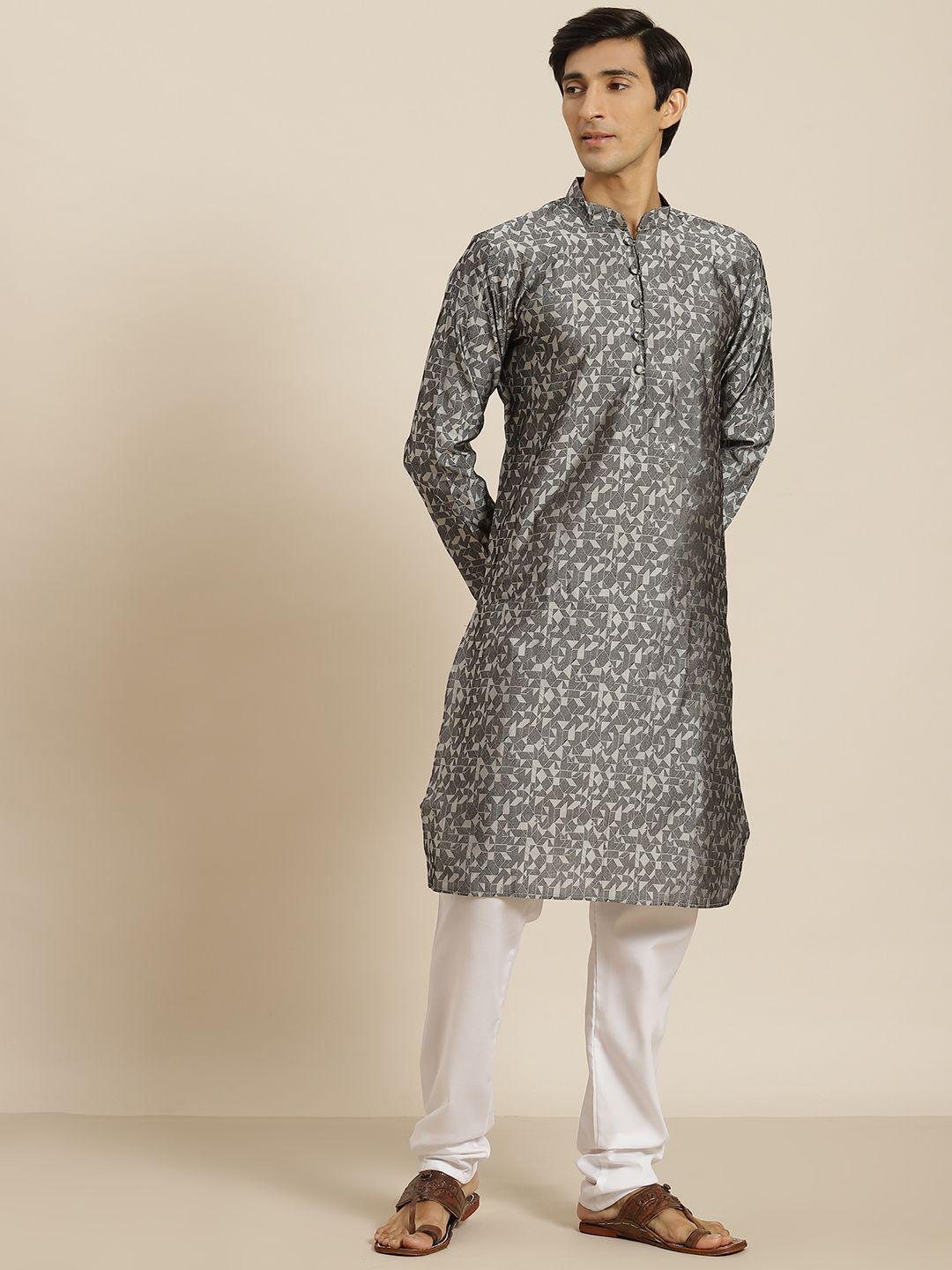 sojanya men grey & white geometric pattern kurta with pyjamas
