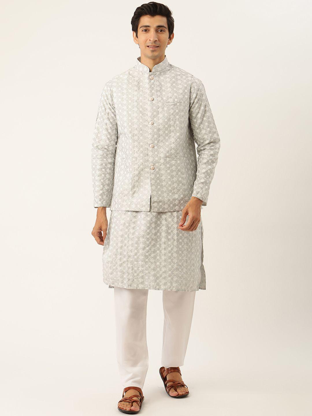 sojanya men grey ethnic motifs embroidered thread work kurta with churidar & nehru jacket