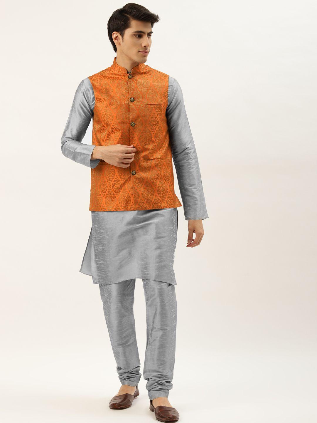 sojanya men grey melange solid kurta set with printed jacket