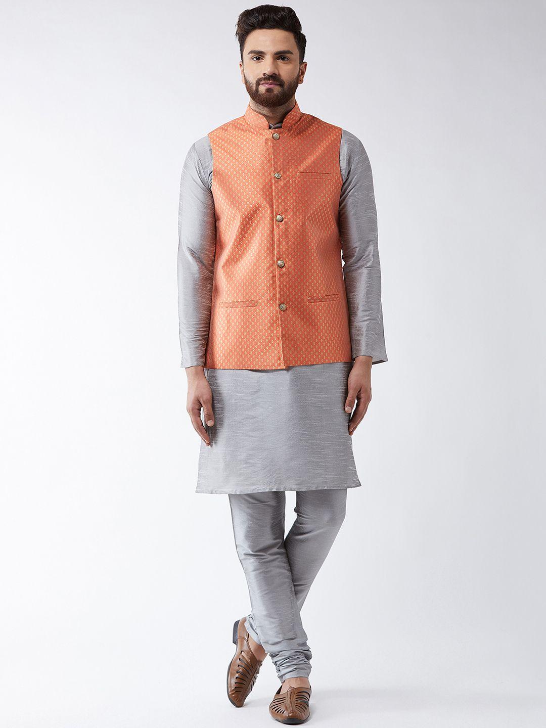 sojanya men grey solid kurta set & nehru jacket