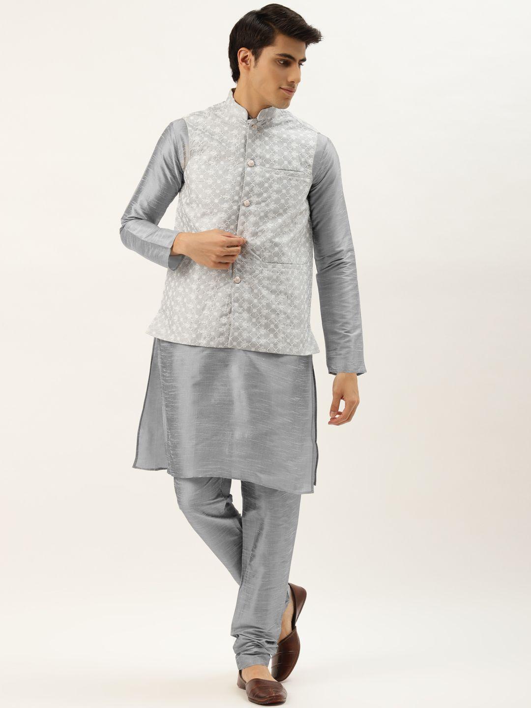 sojanya men grey solid kurta set with embroidered jacket