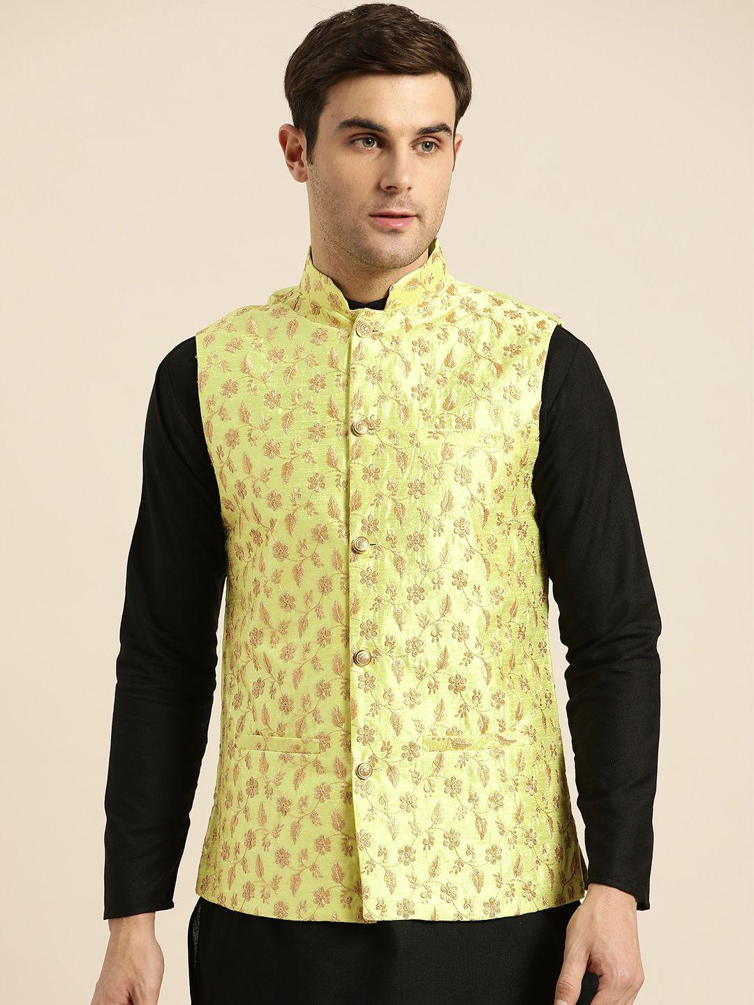 sojanya men lime green & golden embroidered nehru jacket