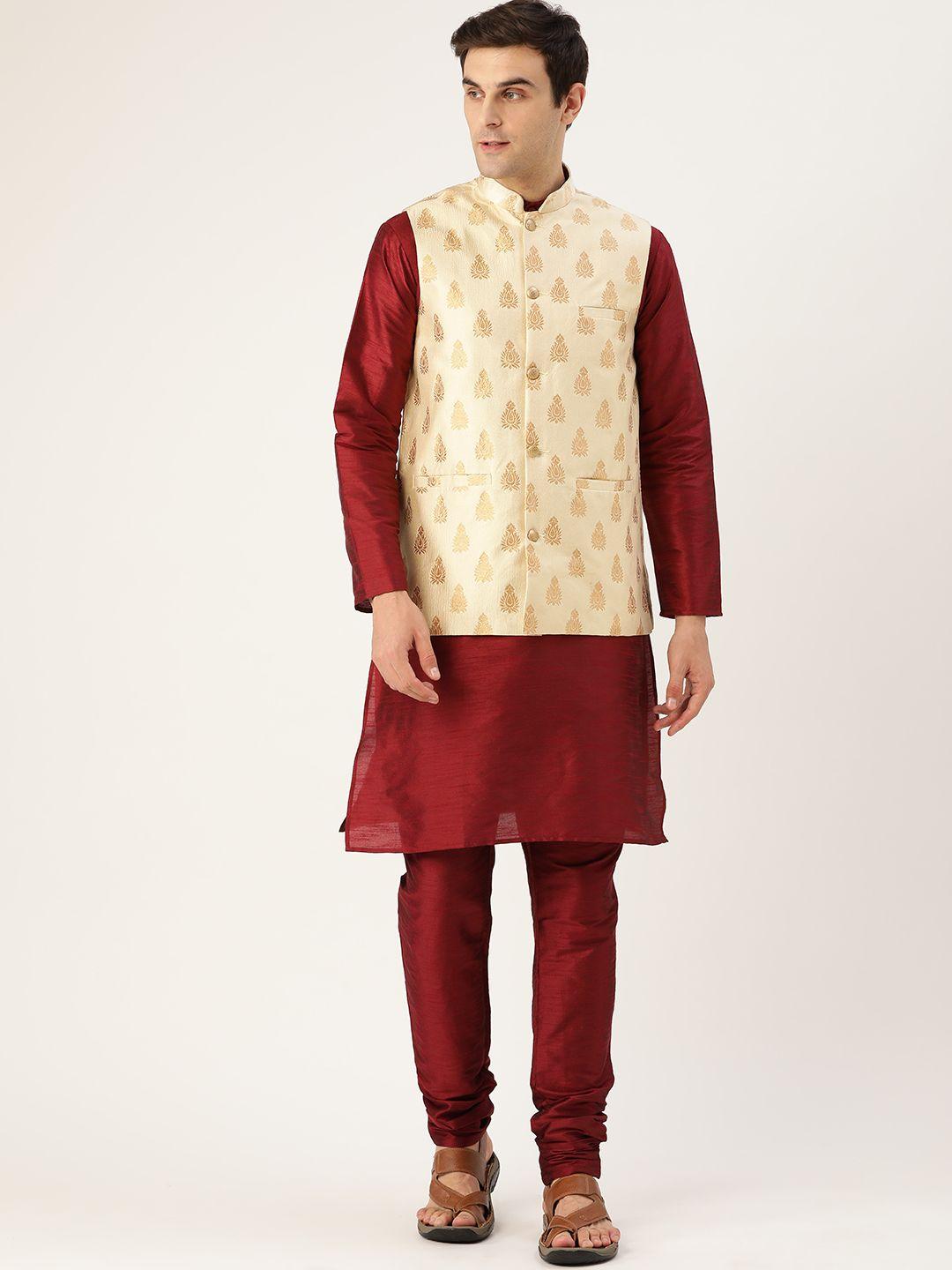 sojanya men maroon & beige solid kurta with churidar & nehru jacket