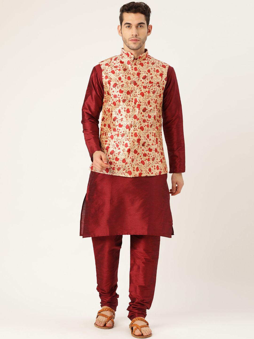 sojanya men maroon & beige solid kurta with churidar & printed nehru jacket