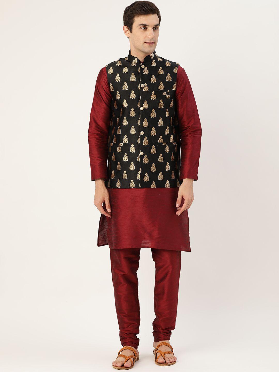 sojanya men maroon & black solid kurta with churidar & nehru jacket