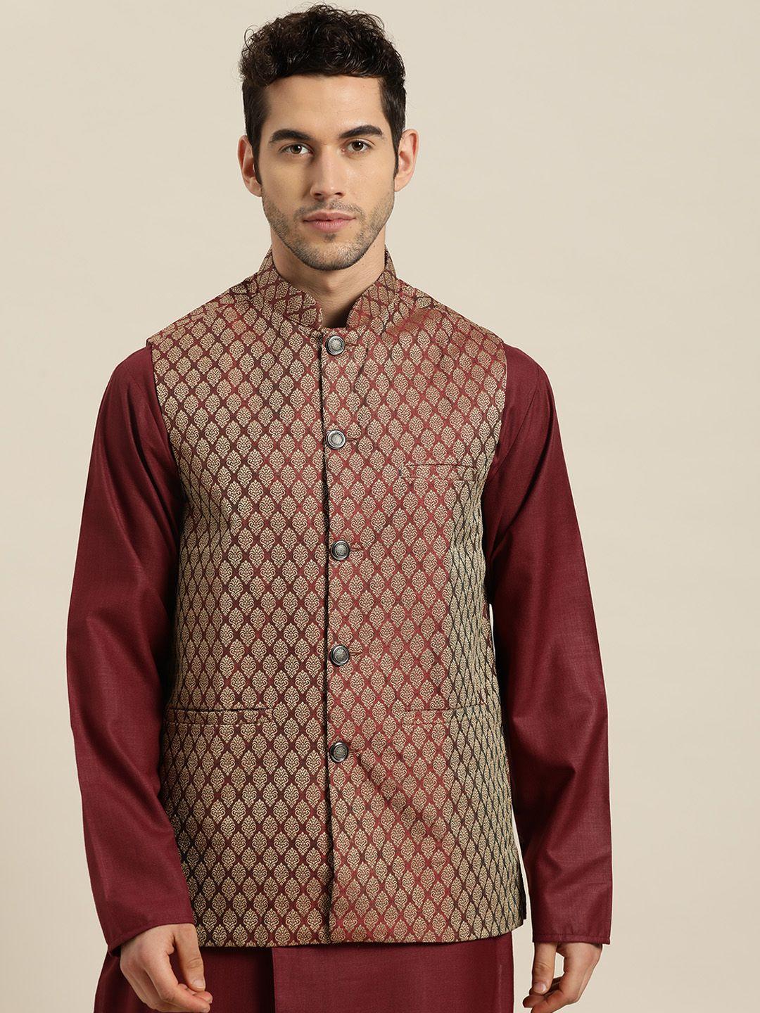 sojanya men maroon & golden woven design nehru jacket