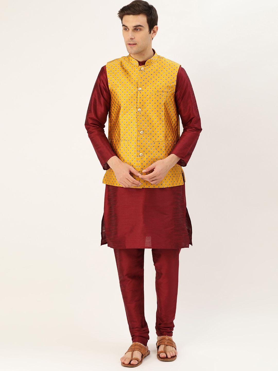 sojanya men maroon & mustard yellow solid kurta with churidar & nehru jacket