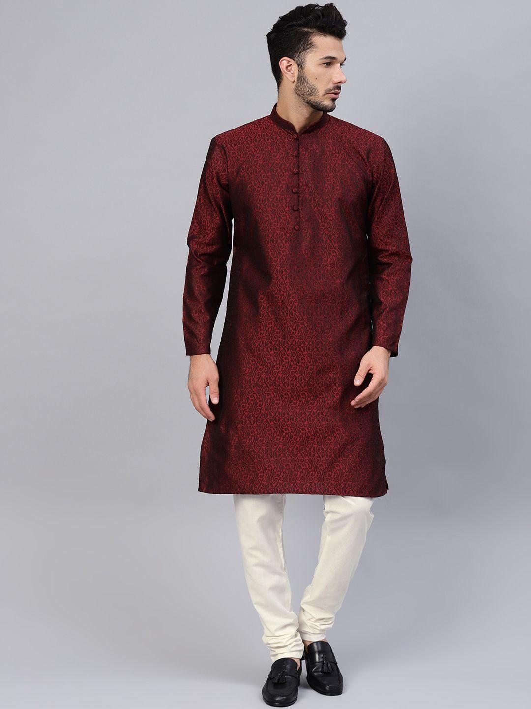 sojanya men maroon & off-white self design kurta with churidar