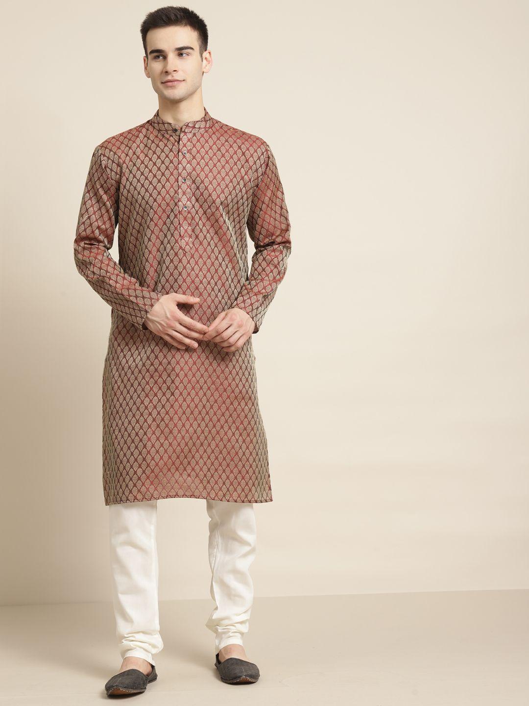sojanya men maroon & off-white woven design kurta with churidar