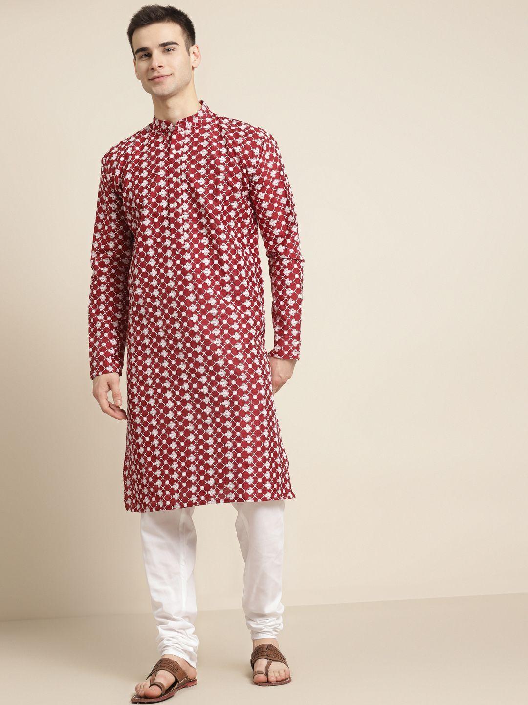 sojanya men maroon & white ethnic motifs embroidered kurta