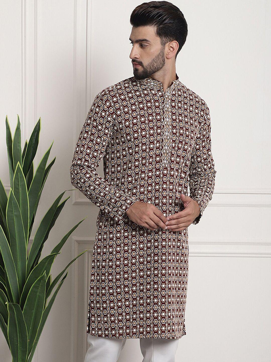 sojanya men maroon geometric printed flared sleeves thread work kurta