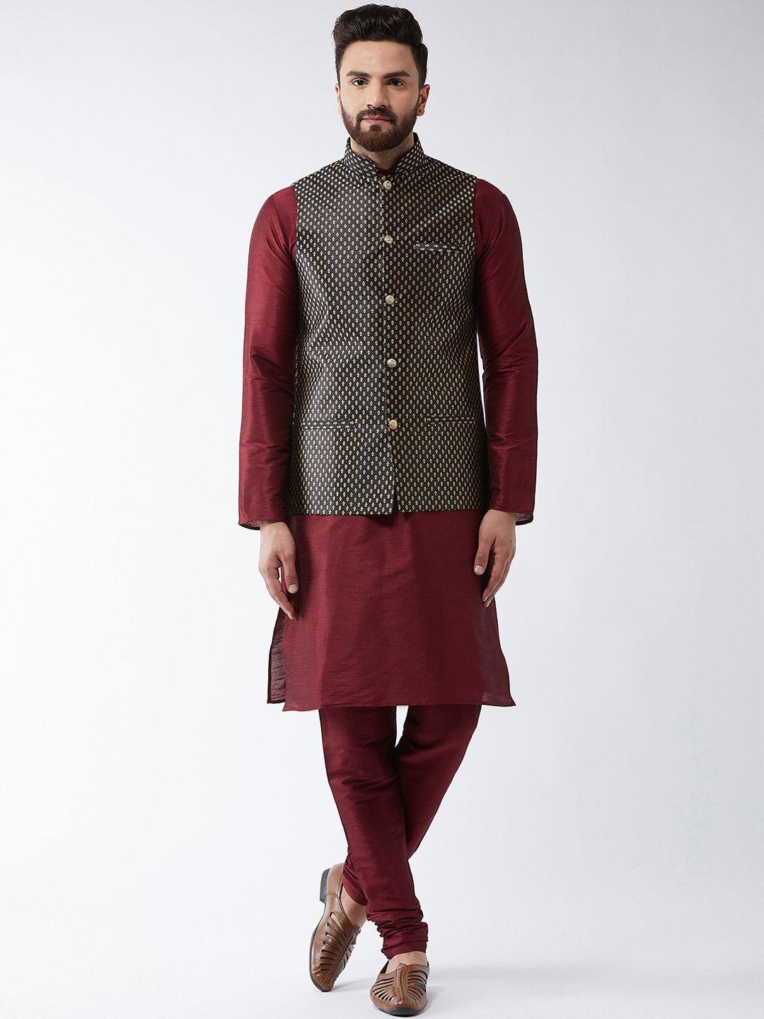 sojanya men maroon solid kurta set  &  nehru jacket