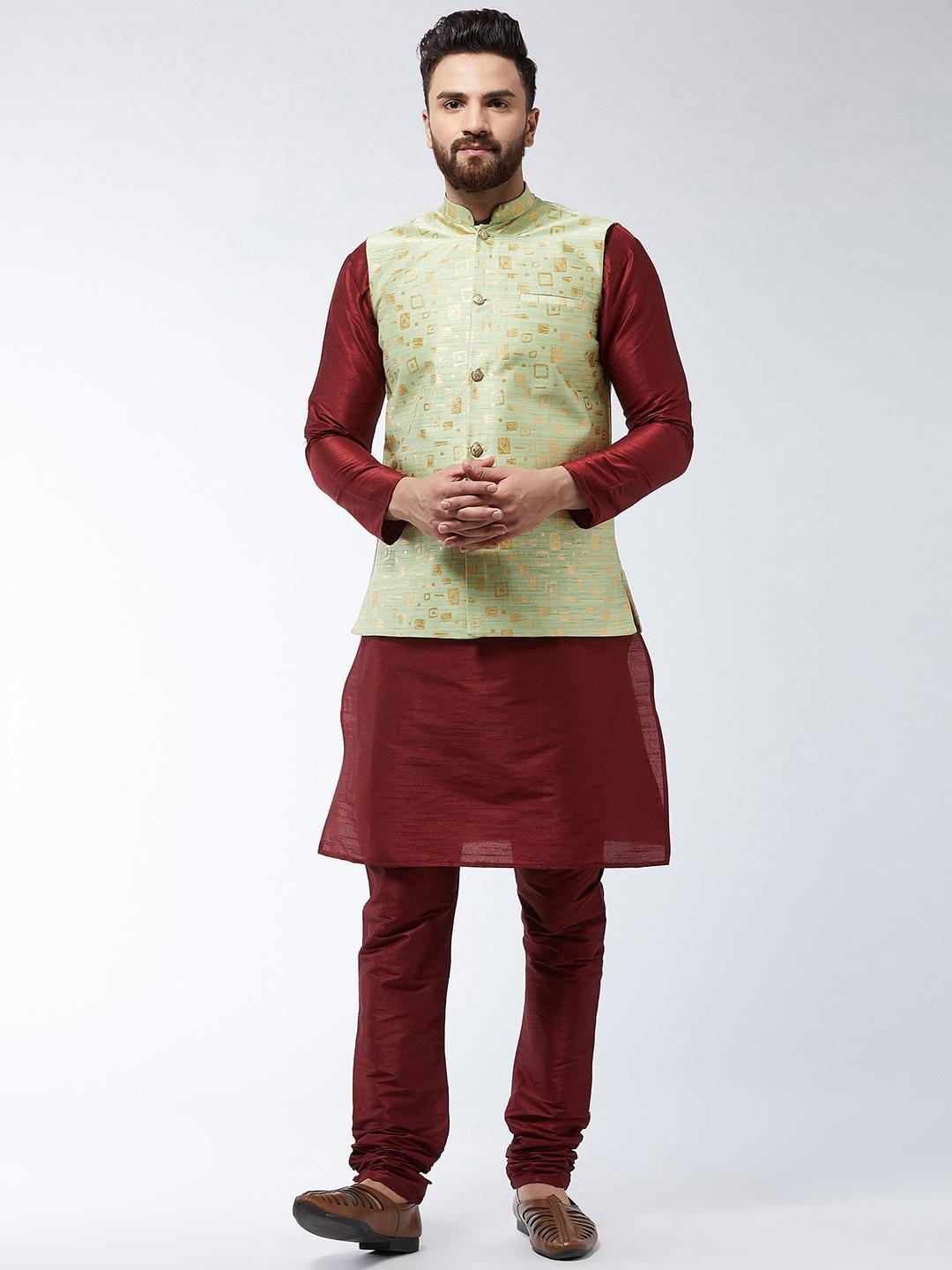 sojanya men maroon solid kurta set & nehru jacket