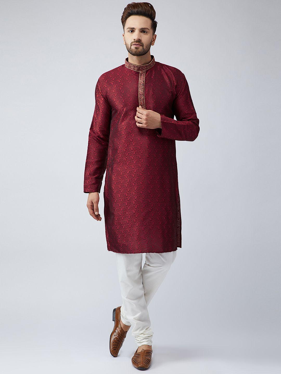 sojanya men maroon woven design straight kurta