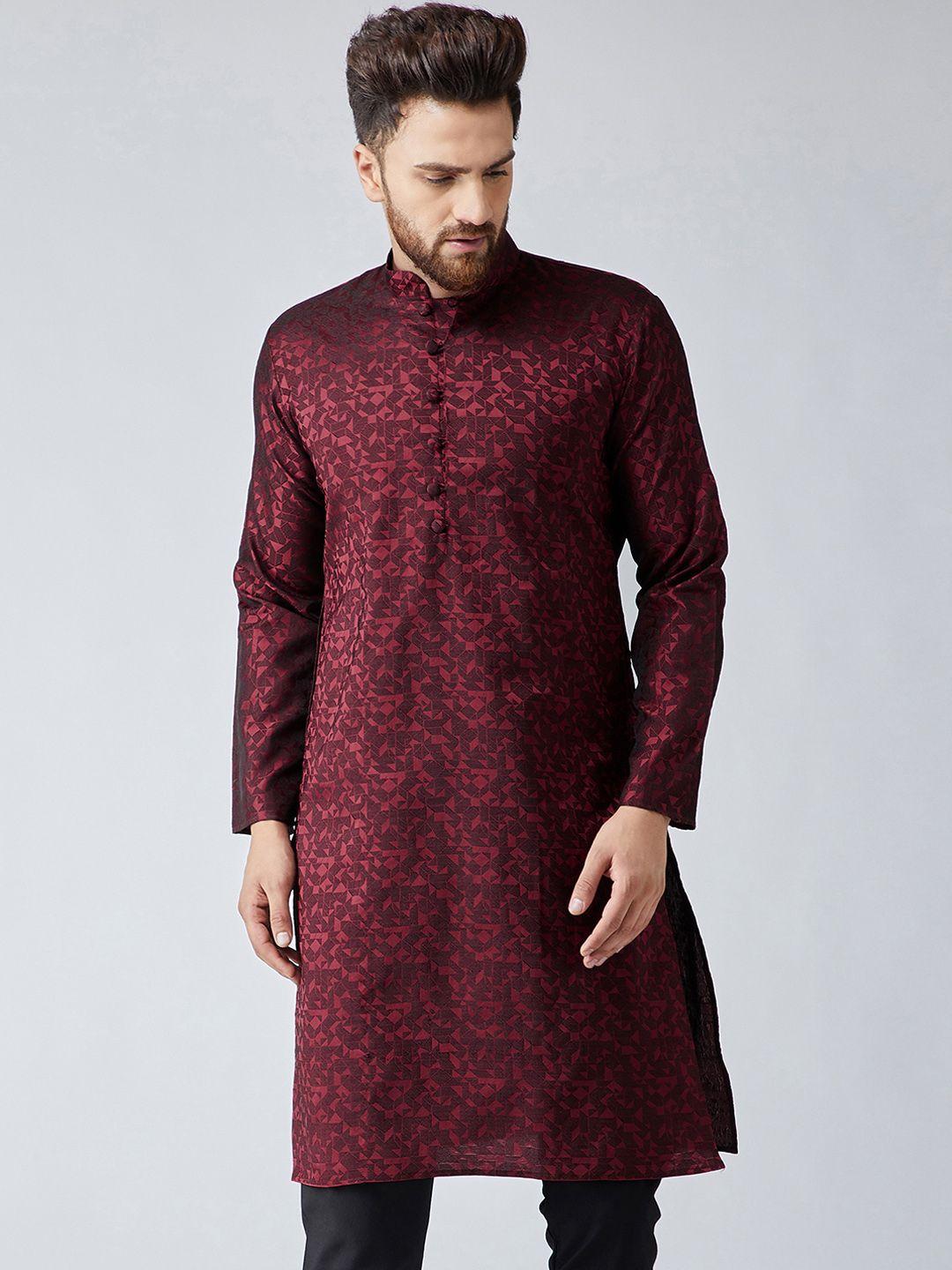 sojanya men maroon woven design straight kurta