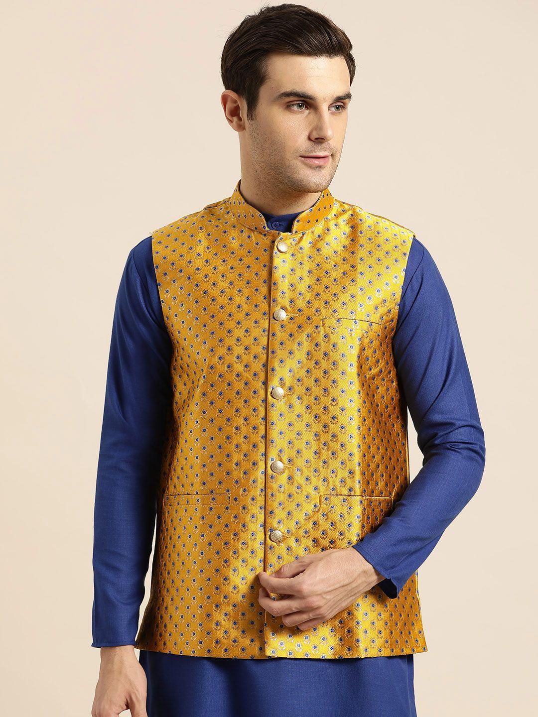 sojanya-men-mustard-yellow-&-blue-woven-design-nehru-jacket
