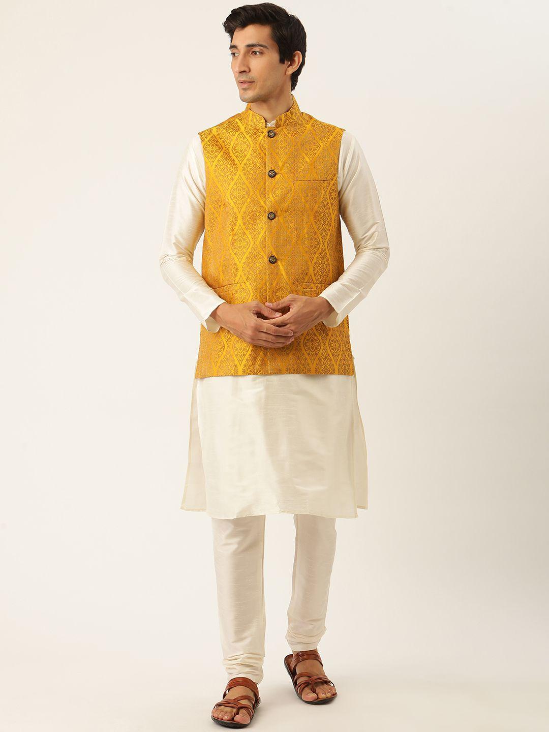 sojanya men mustard yellow & off white motifs jacquard kurta & churidar with nehru jacket
