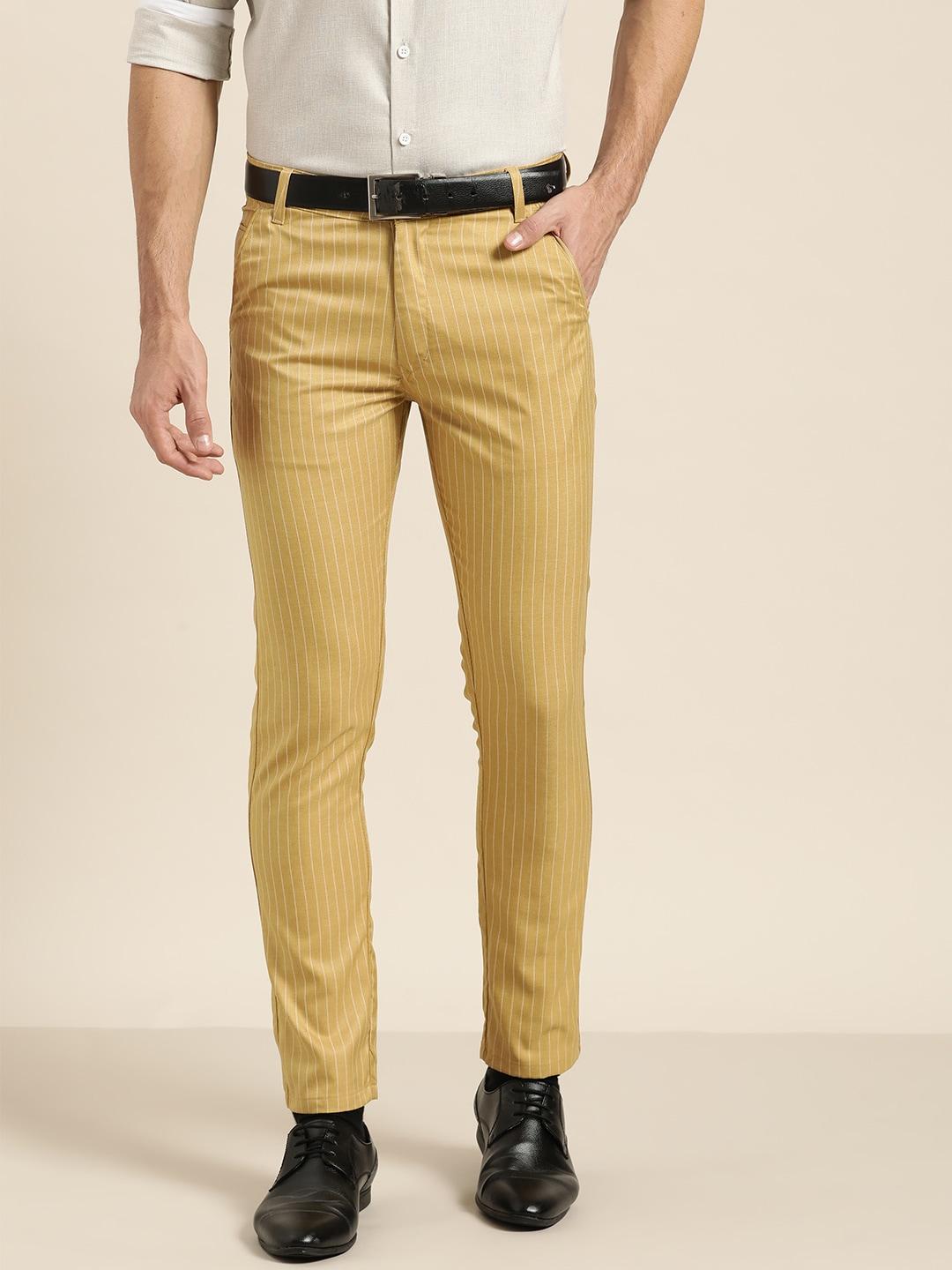 sojanya men mustard yellow & off-white smart fit striped formal trousers