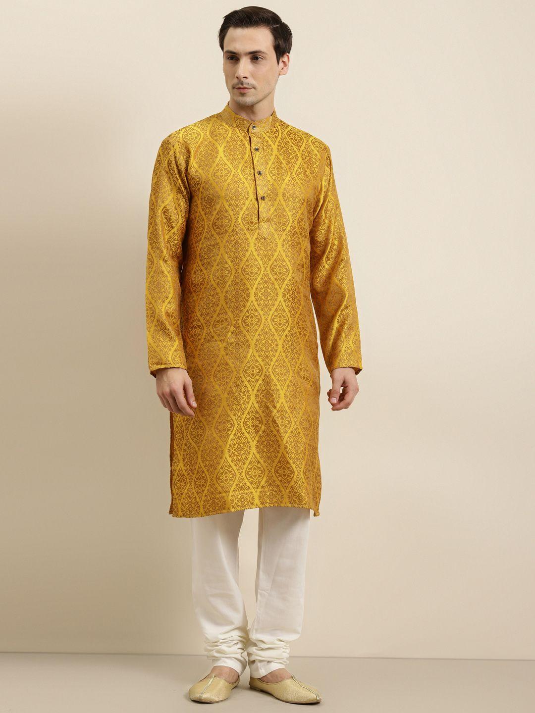 sojanya men mustard yellow & off-white woven design kurta with churidar