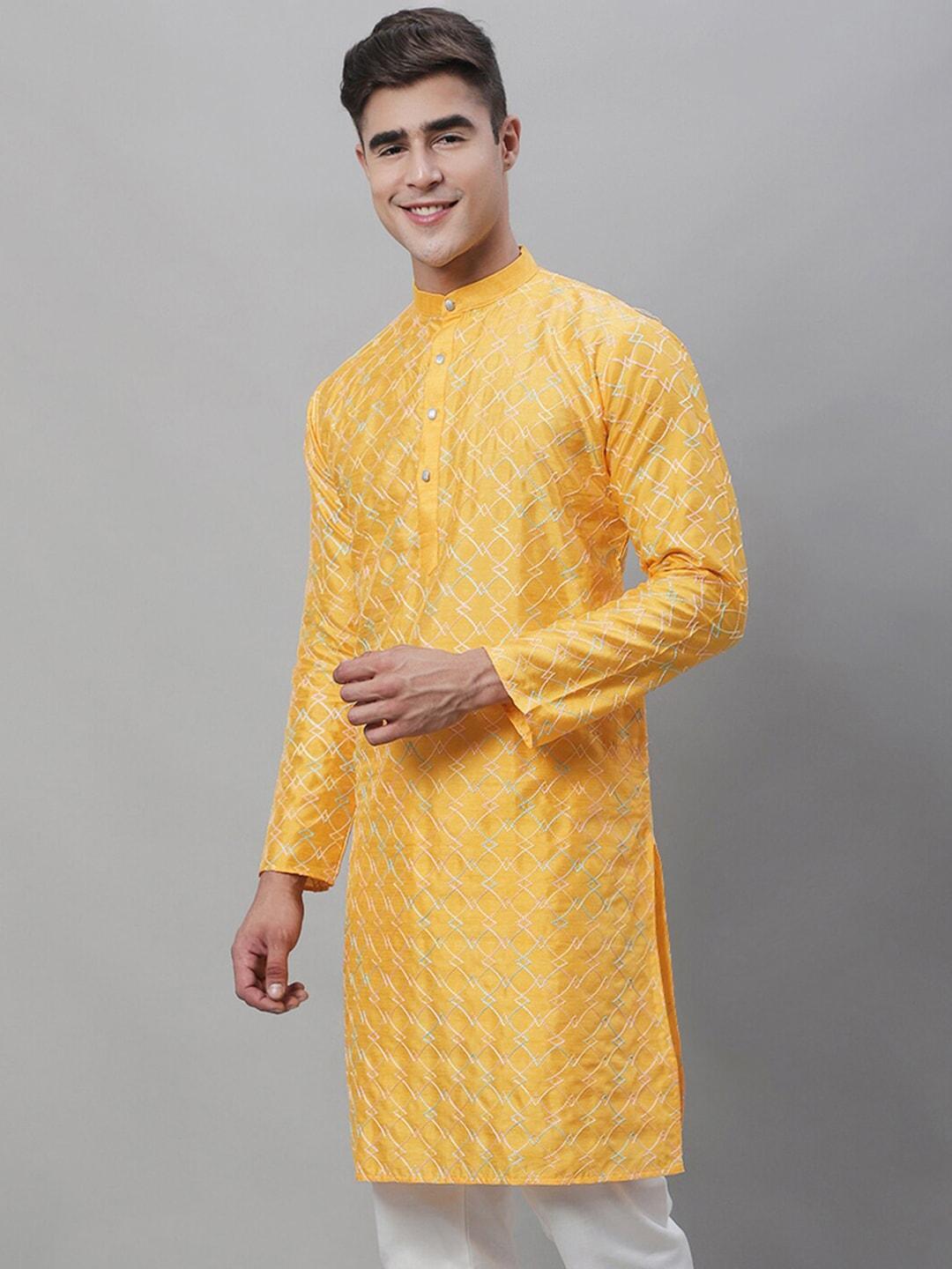 sojanya men mustard yellow geometric flared sleeves thread work kurta