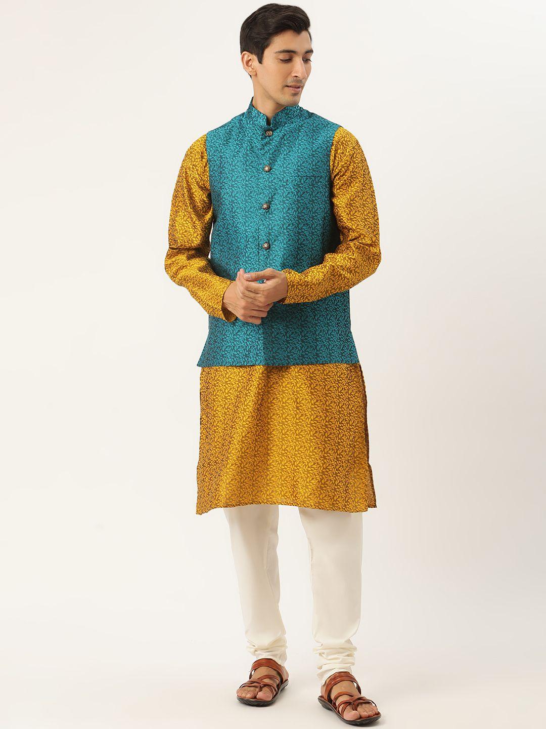 sojanya men mustard yellow self design jacquard silk kurta with churidar & nehru jacket