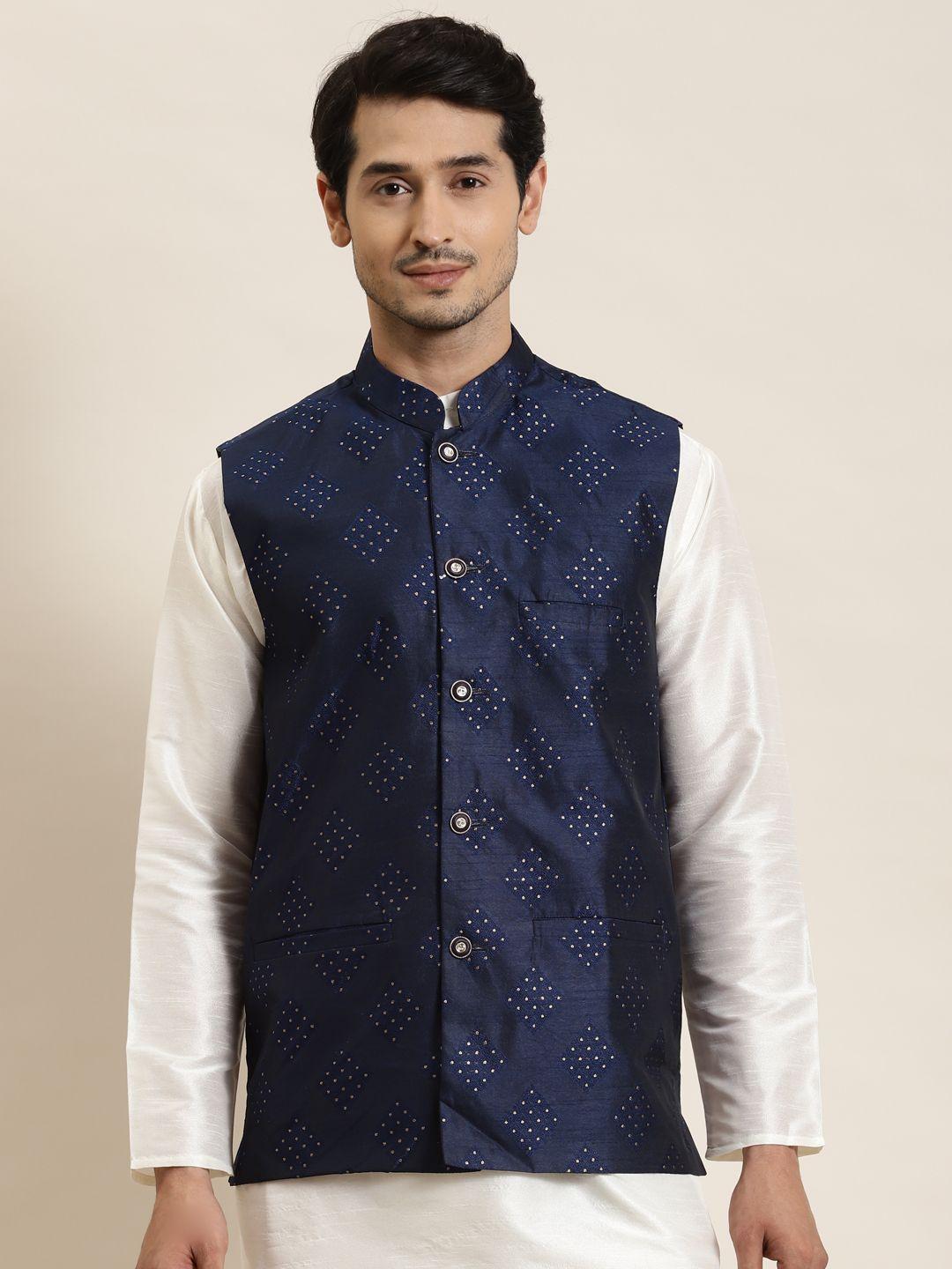sojanya men navy blue & golden woven design nehru jacket