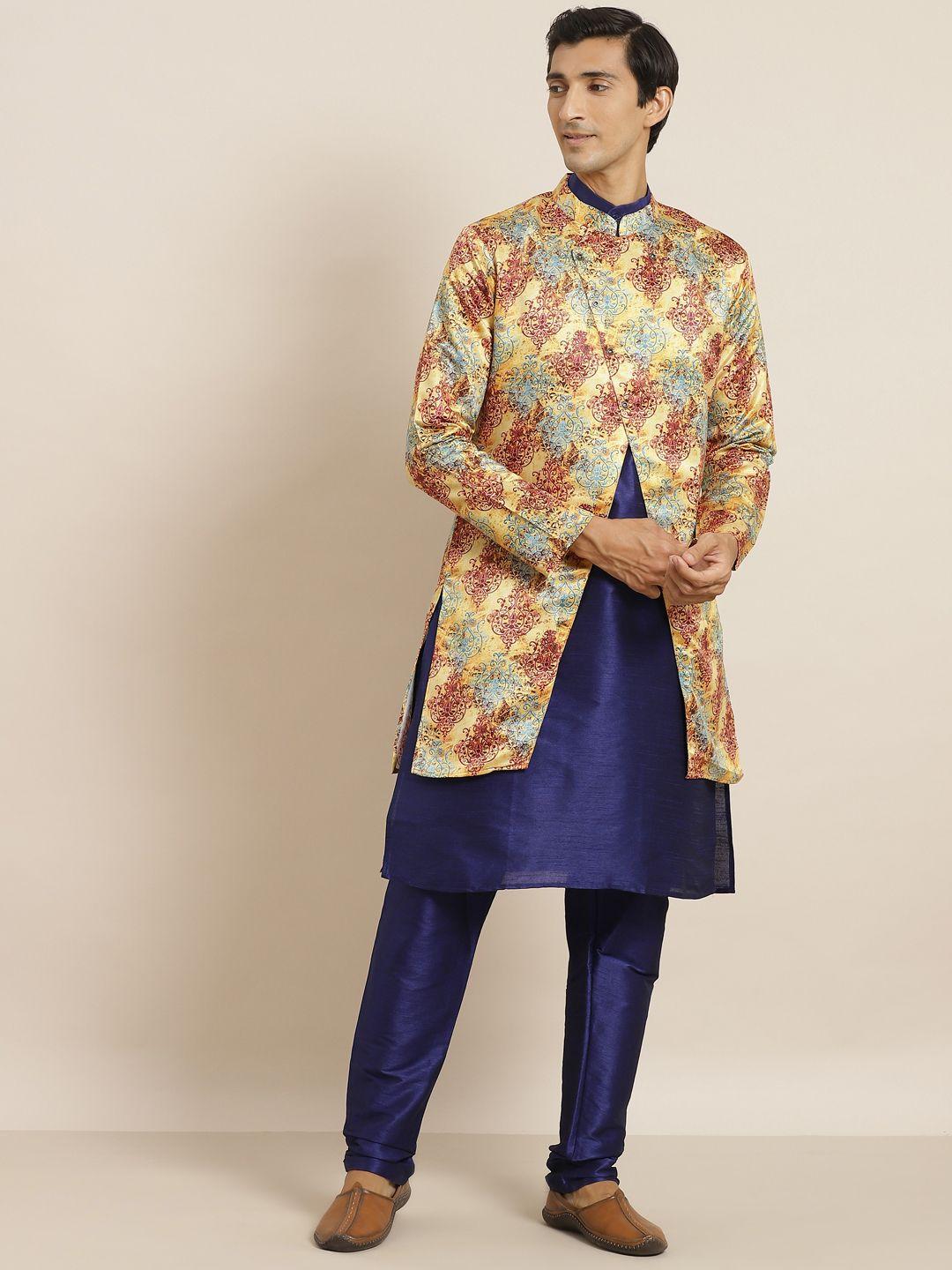sojanya men navy blue & mustard yellow solid kurta with churidar & ethnic printed jacket