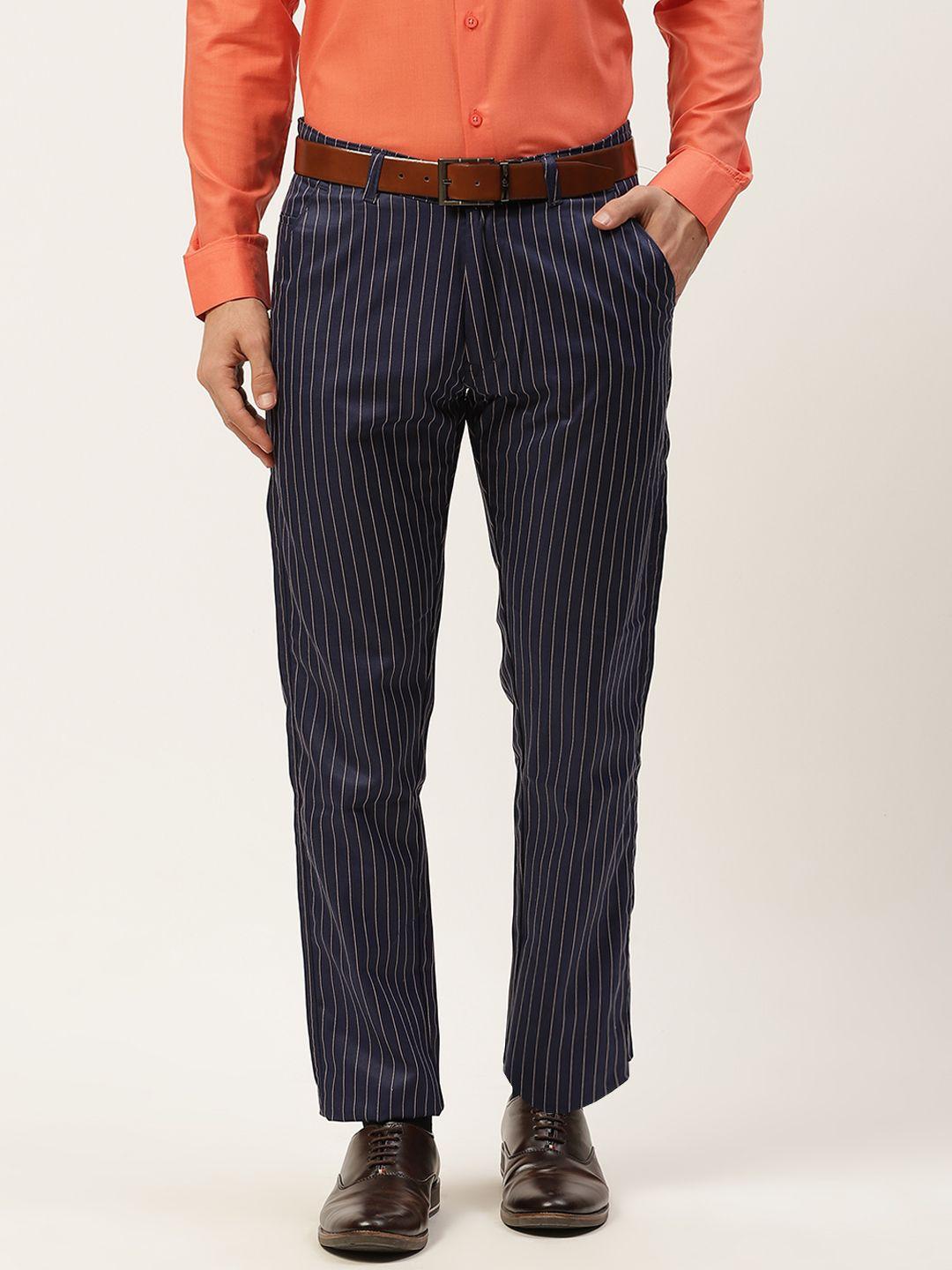 sojanya men navy blue & off-white striped smart formal trousers