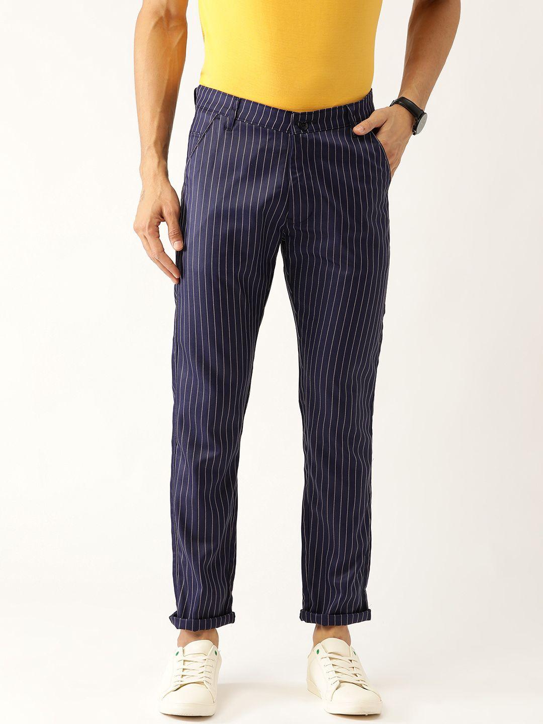 sojanya men navy blue & pink smart regular fit striped regular trousers