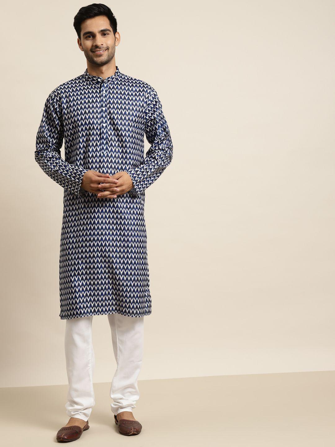 sojanya men navy blue & white chevron printed cotton indigo kurta