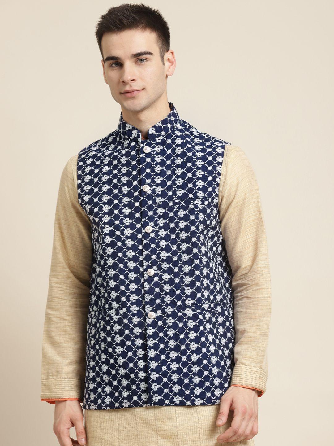sojanya-men-navy-blue-&-white-embroidered-nehru-jacket