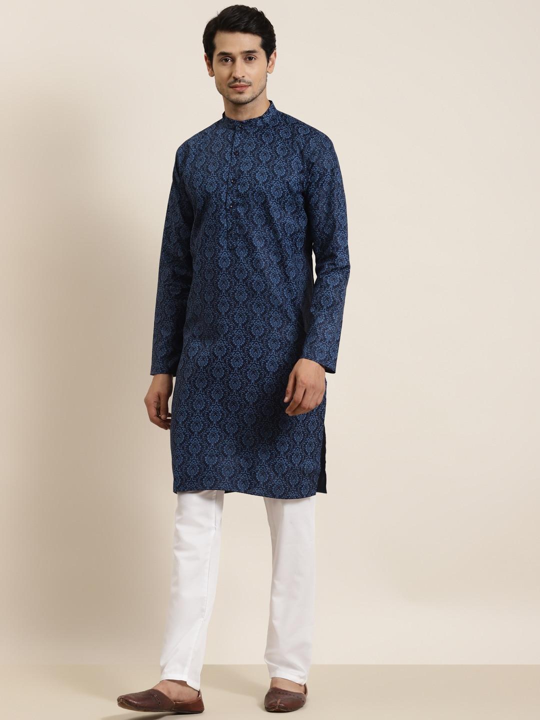 sojanya men navy blue & white ethnic motifs printed cotton linen kurta