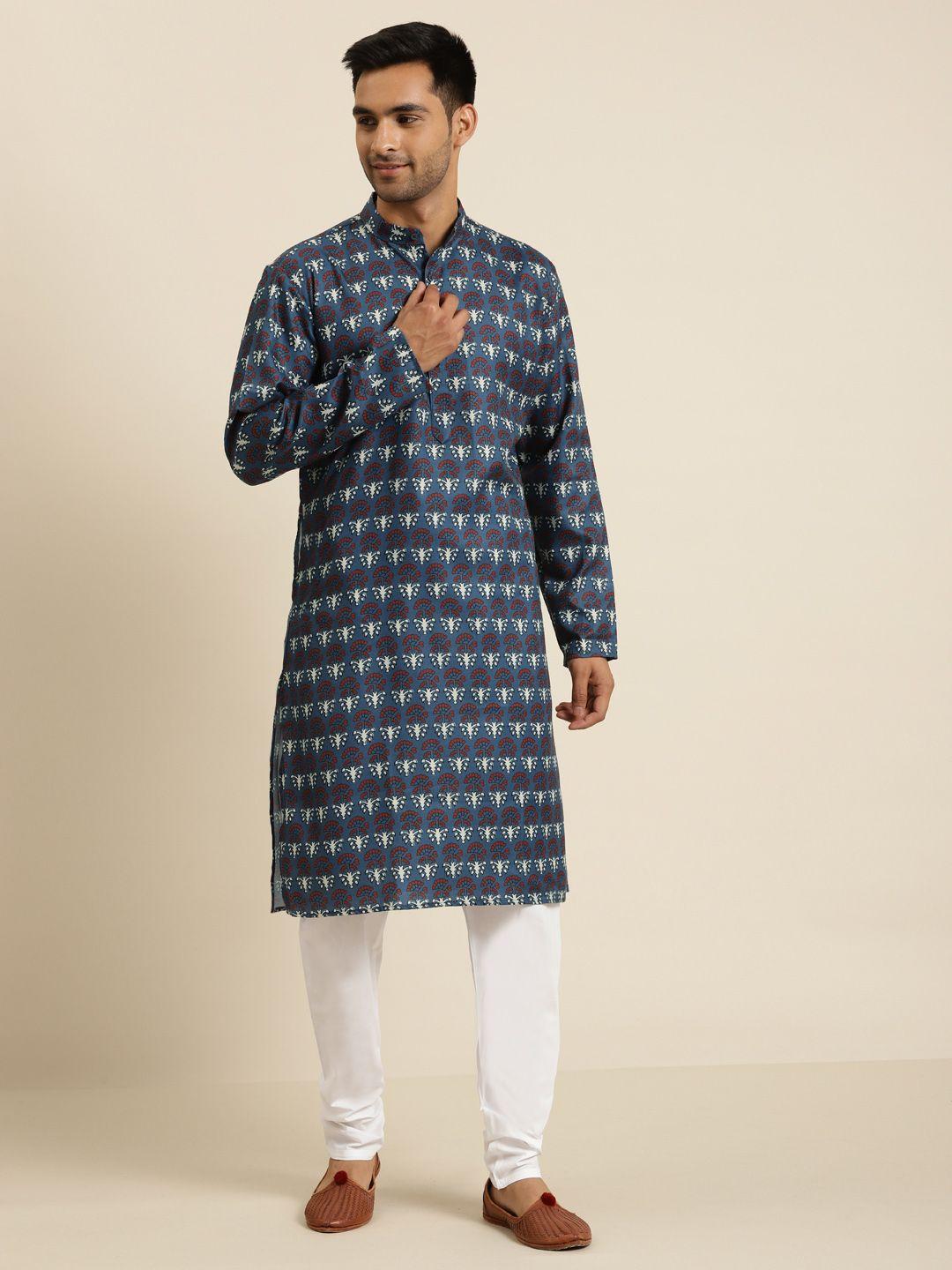 sojanya men navy blue & white printed kurta with churidar