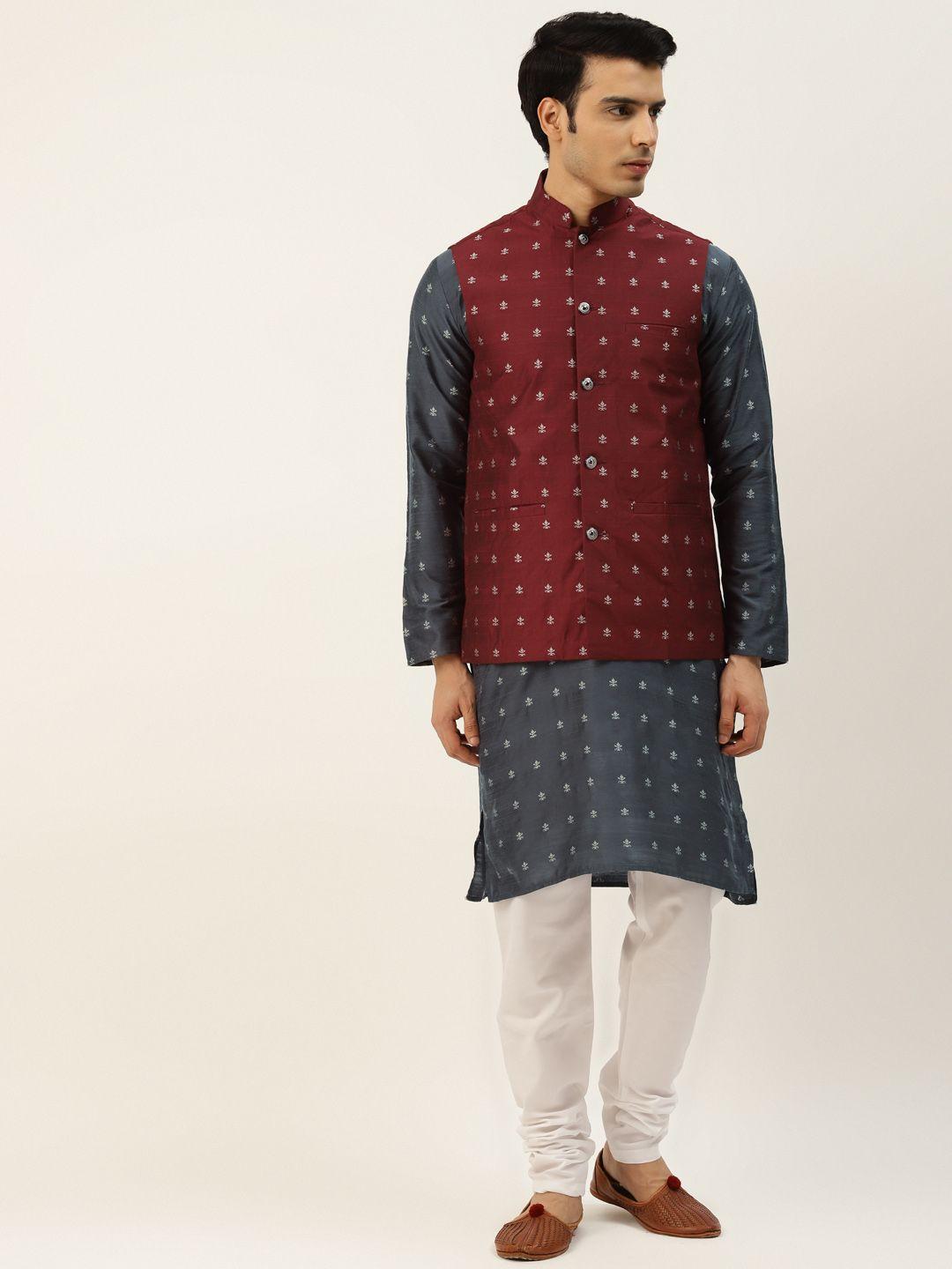 sojanya men navy blue ethnic motifs kurta with churidar & nehru jacket