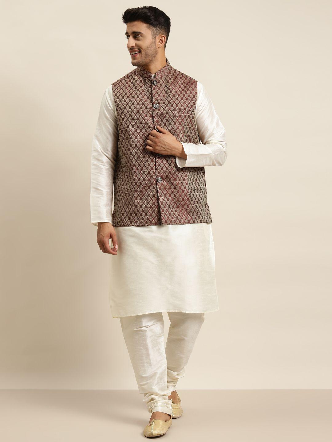 sojanya men off white & brown ethnic motifs kurta set with nehru jacket