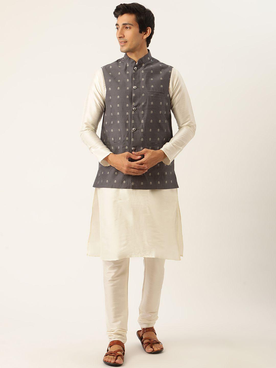 sojanya men off white & charcoal grey ethnic motifs kurta & churidar with nehru jacket