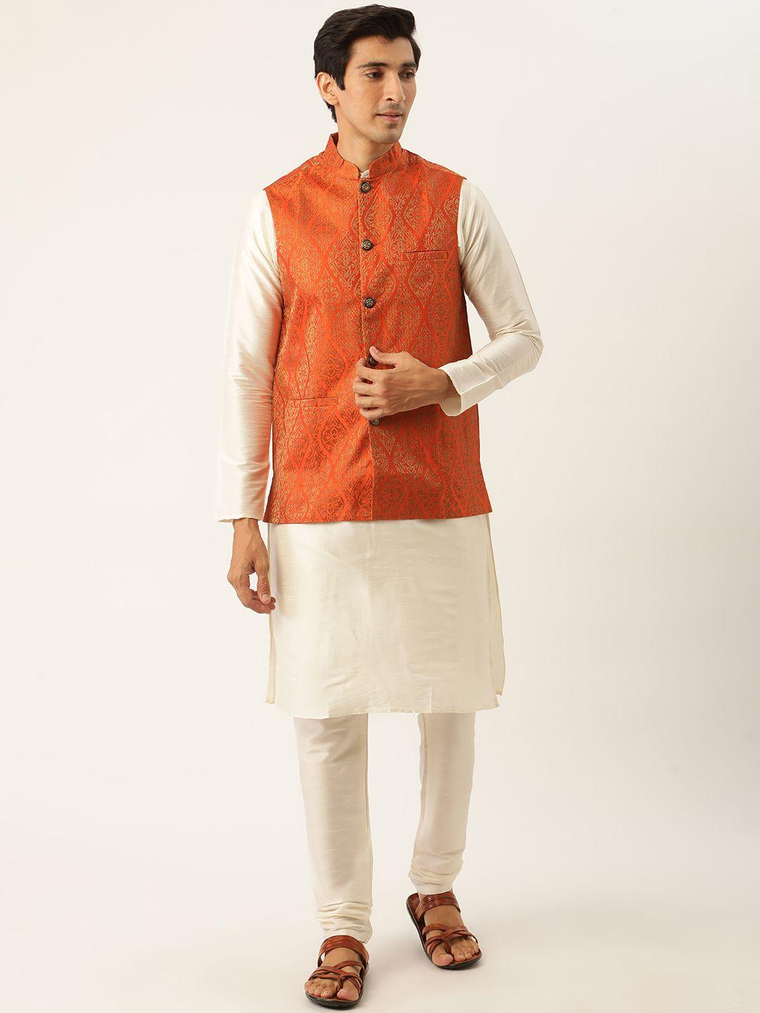 sojanya men off white & rust orange solid kurta with churidar & woven design nehru jacket