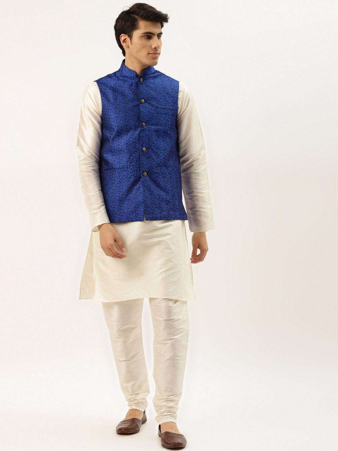 sojanya men off white solid kurta set with printed jacket