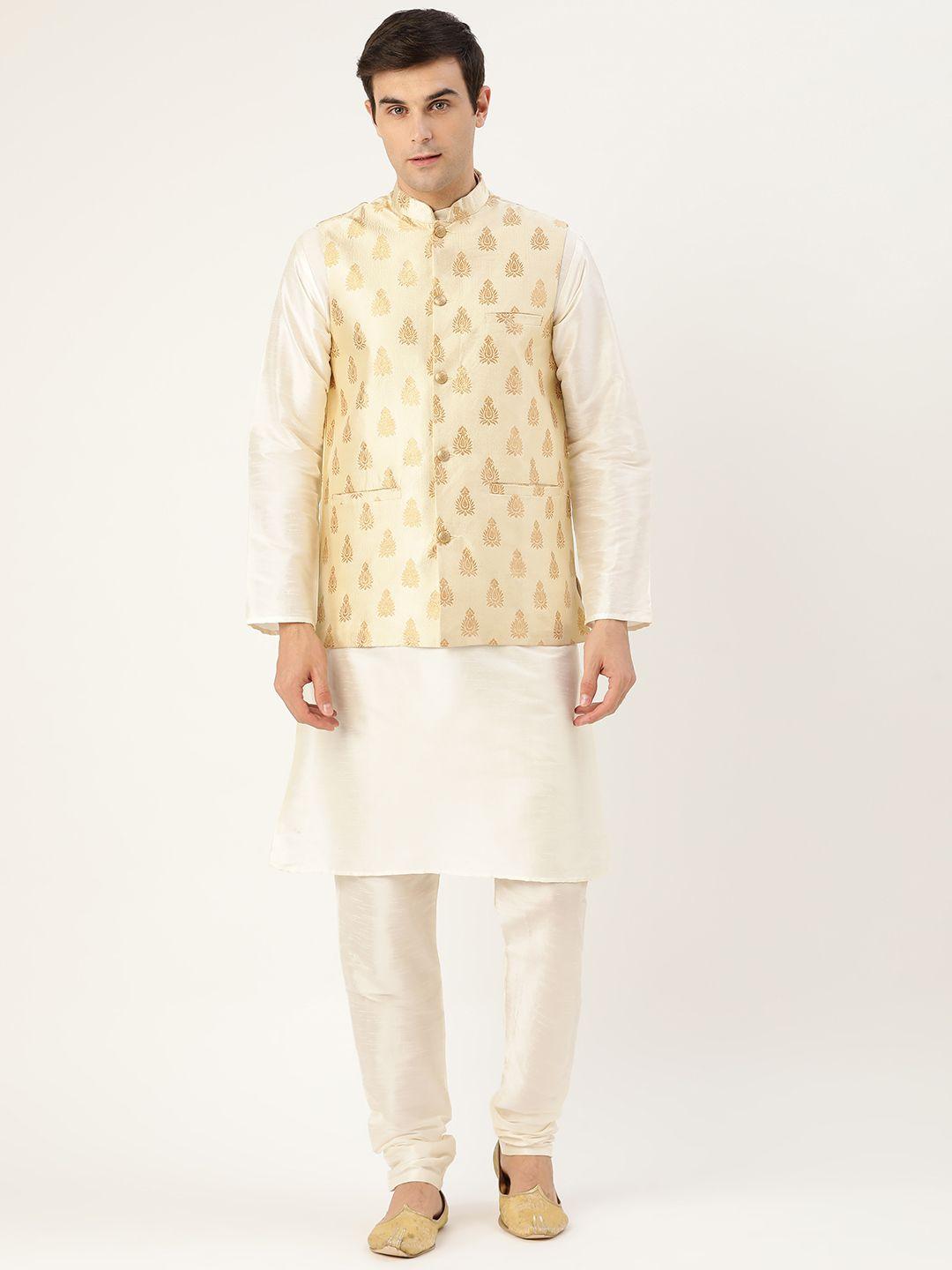 sojanya men off-white & beige solid kurta with churidar & nehru jacket