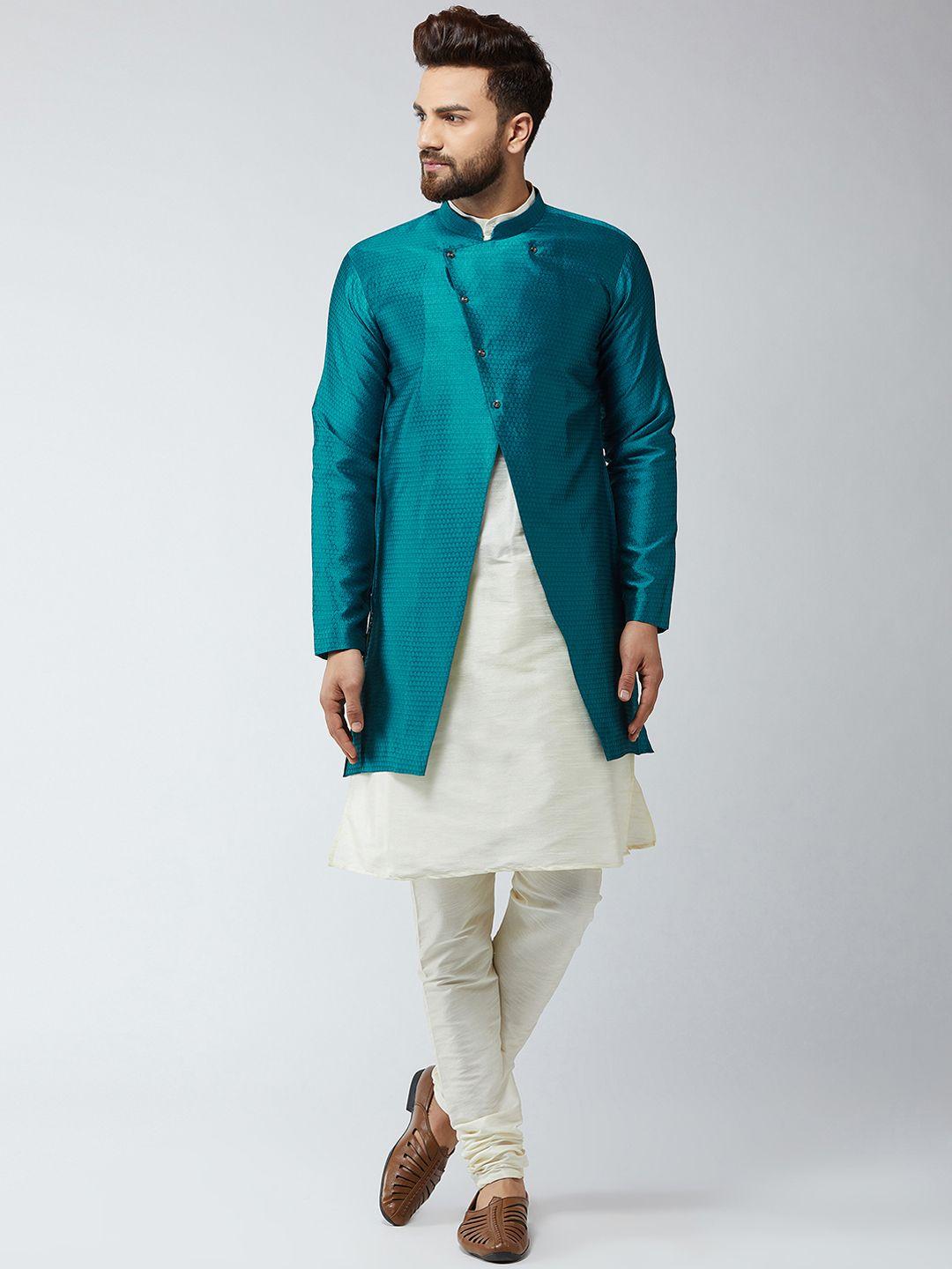 sojanya men off-white & blue self design sherwani set