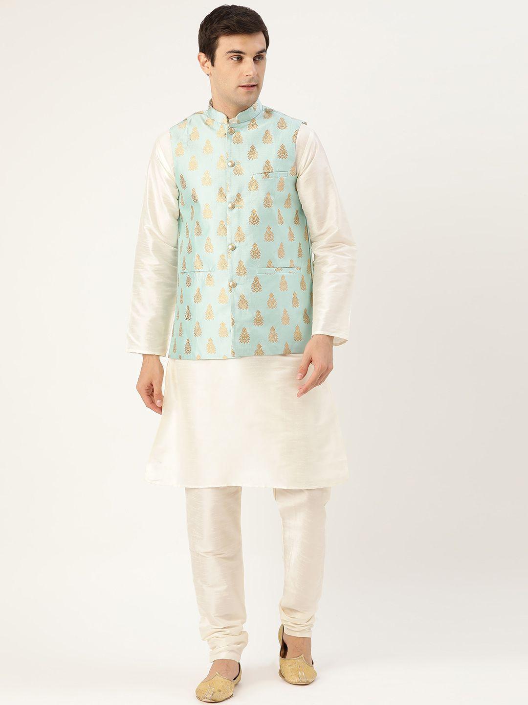 sojanya men off-white & blue solid kurta & churidar with woven design nehru jacket