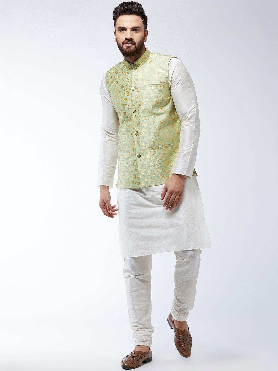 sojanya men off-white & green printed kurta with churidar & nehru jacket