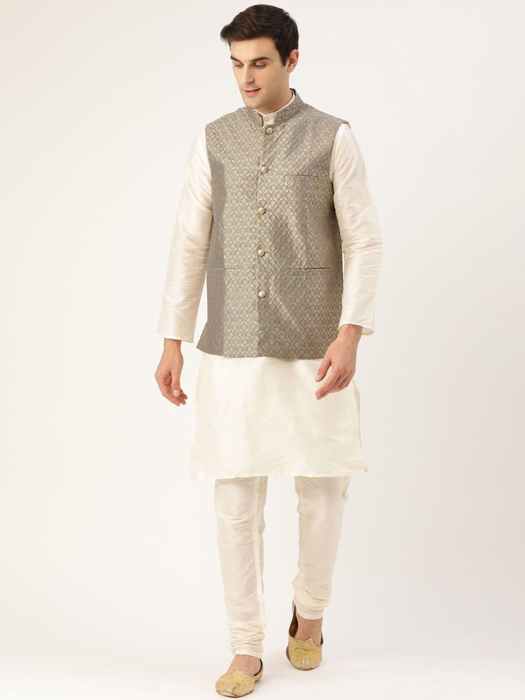 sojanya men off-white & grey solid kurta with churidar & nehru jacket