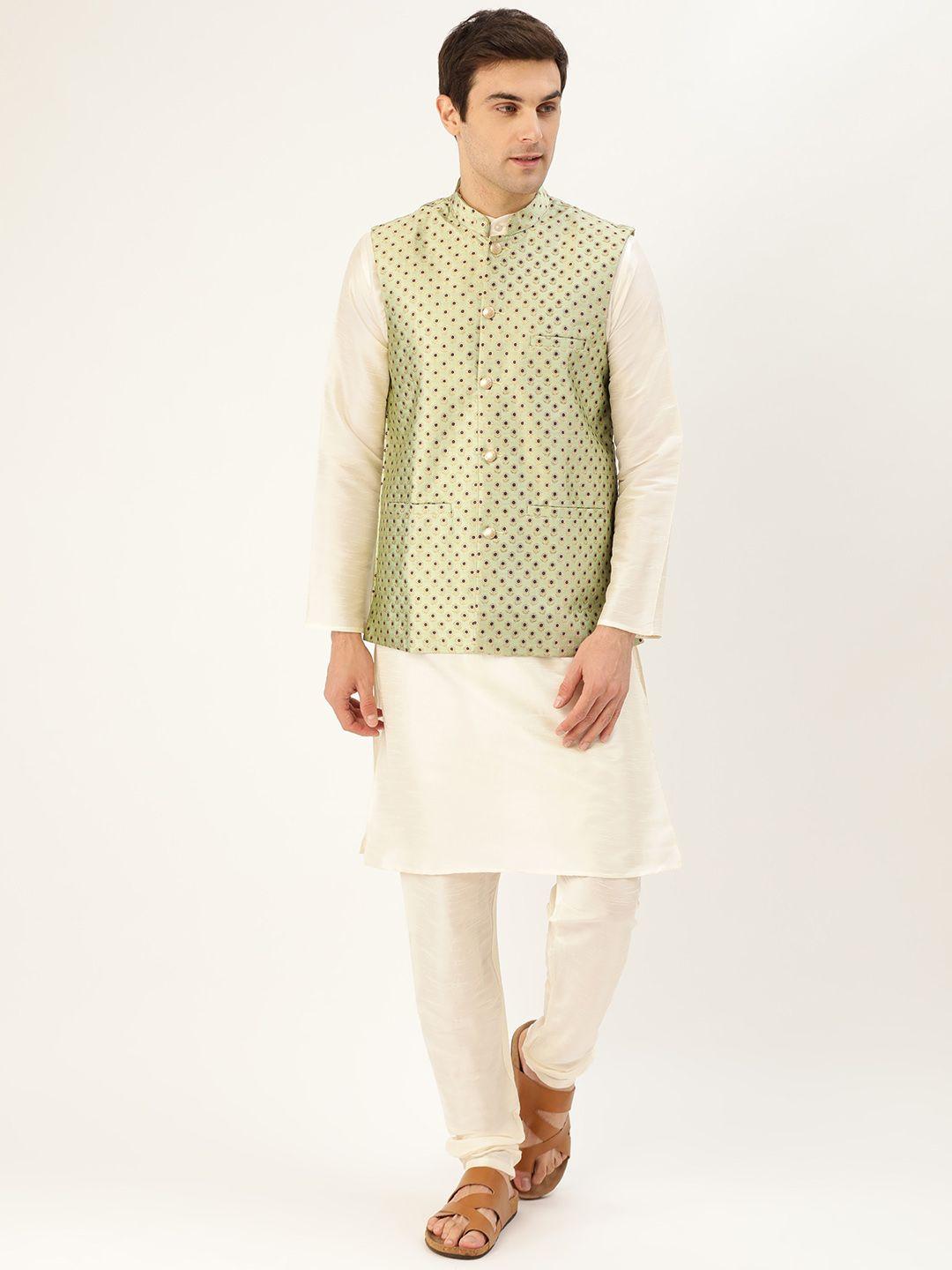 sojanya men off-white & sea green solid kurta with churidar & nehru jacket