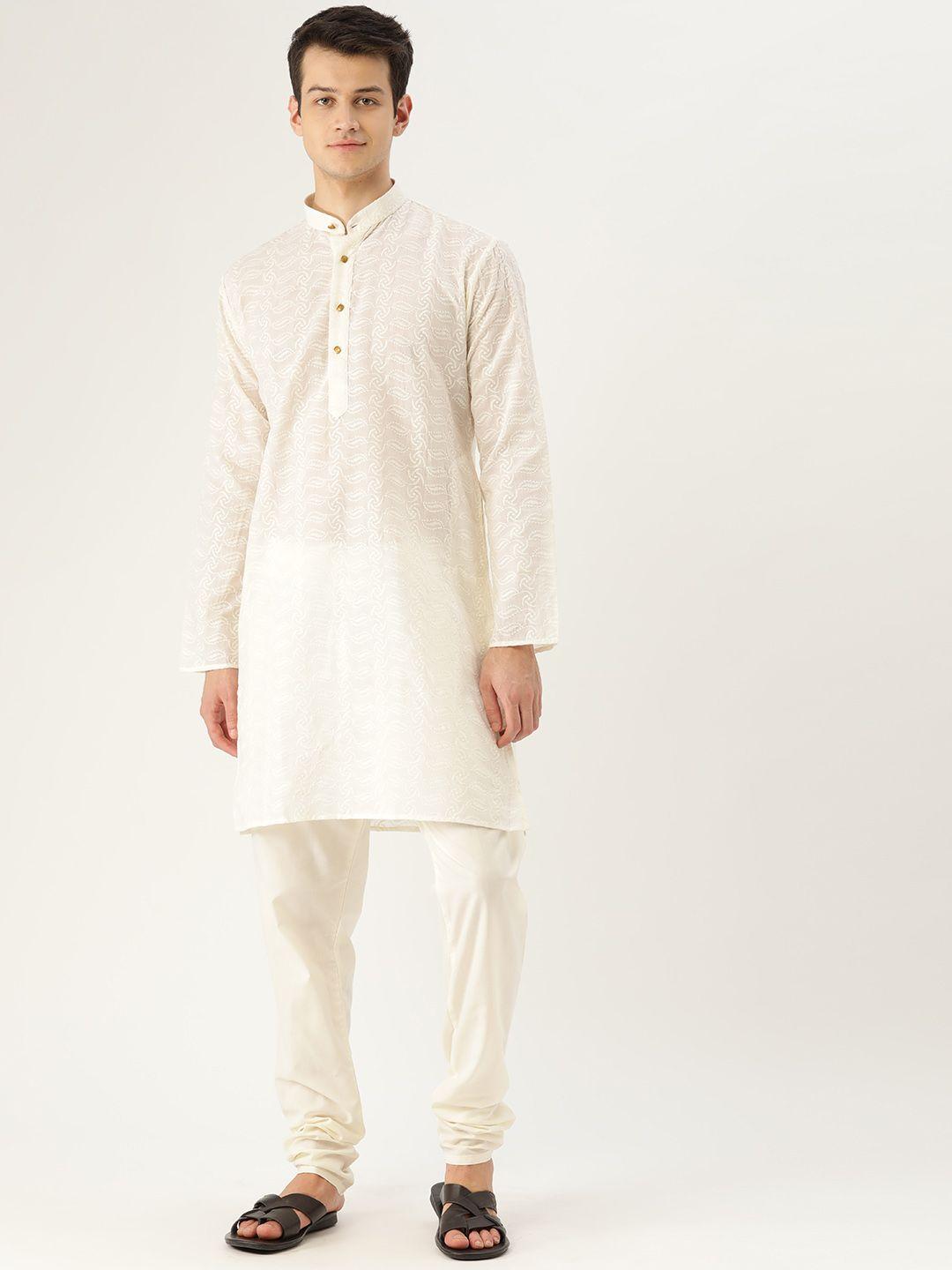 sojanya men off-white chikankari embroidered semi-sheer straight kurta