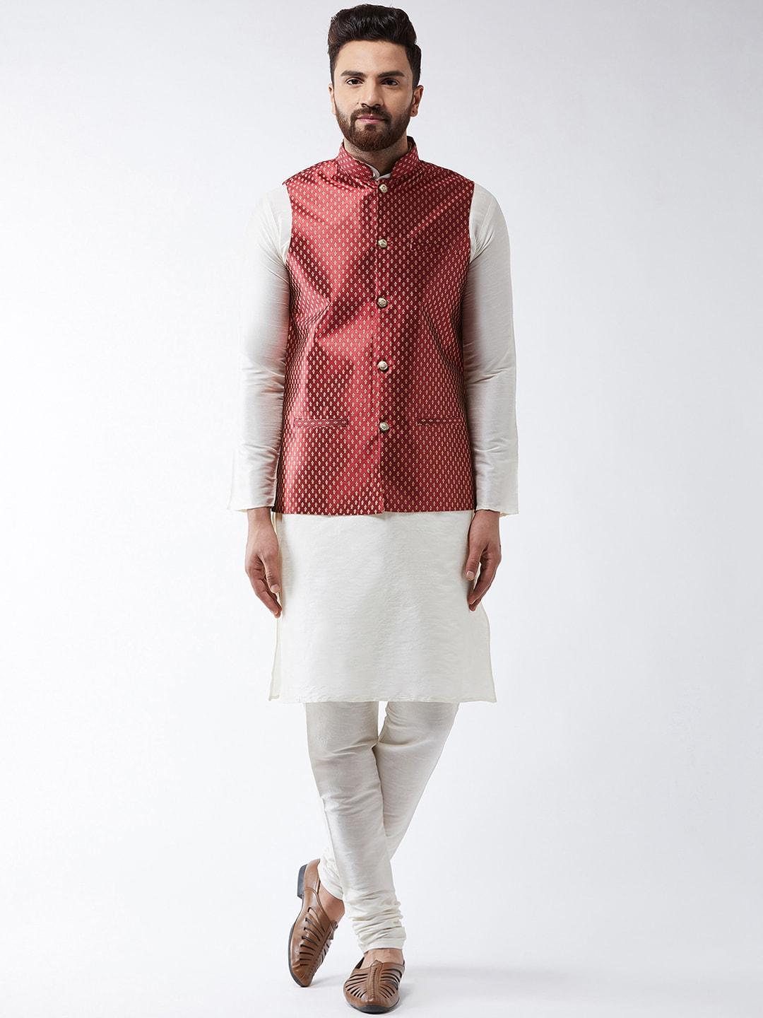 sojanya men off-white self design kurta set & nehru jacket
