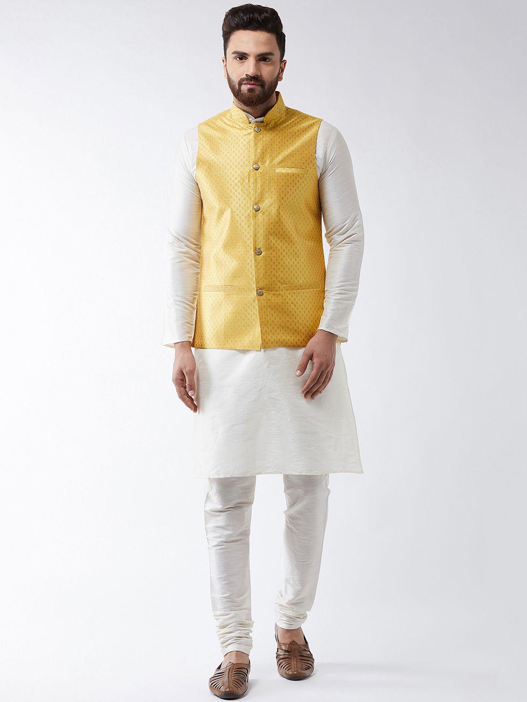 sojanya men off-white solid kurta with churidar & nehru jacket