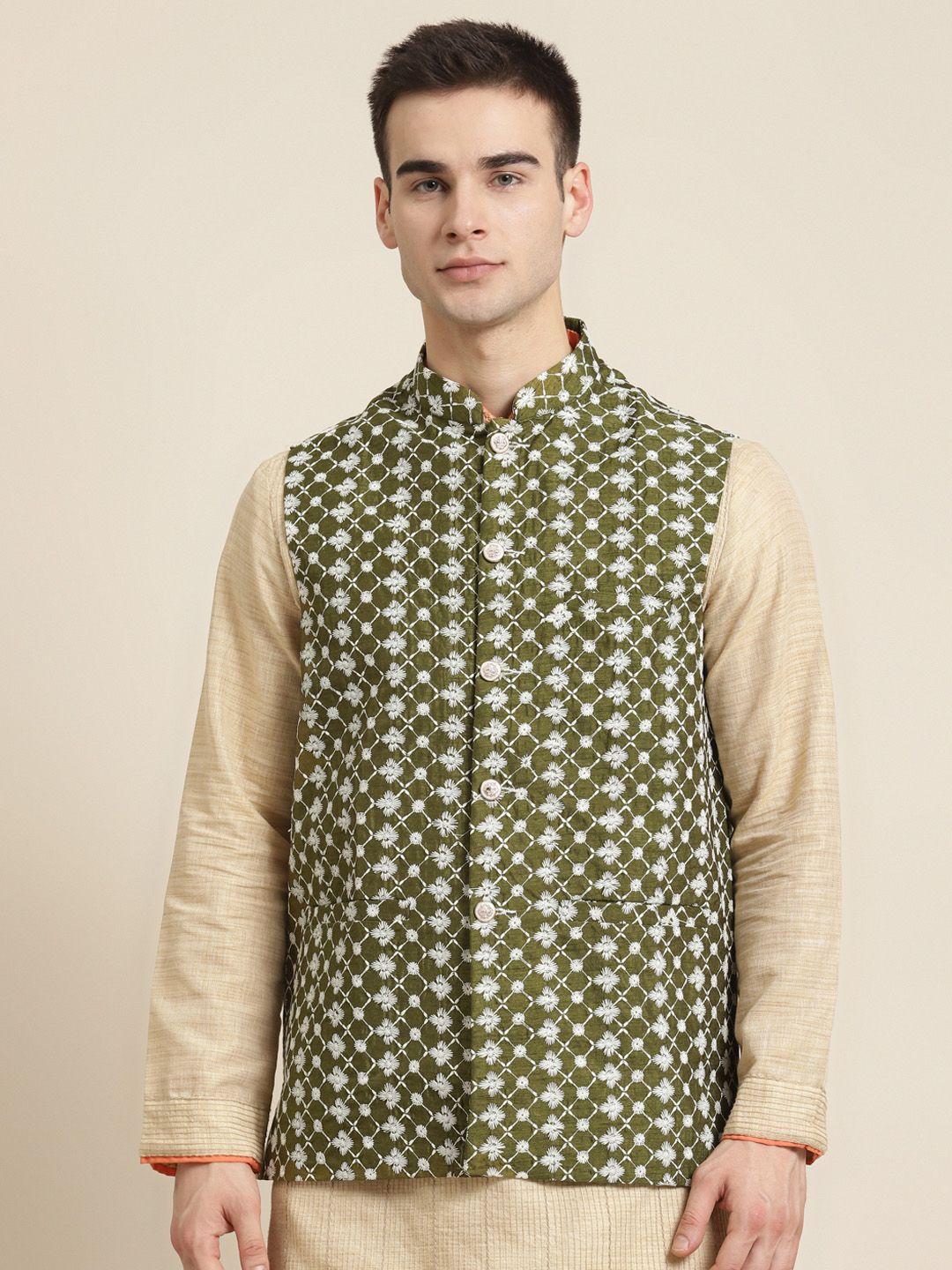 sojanya-men-olive-green-&-white-embroidered-nehru-jacket