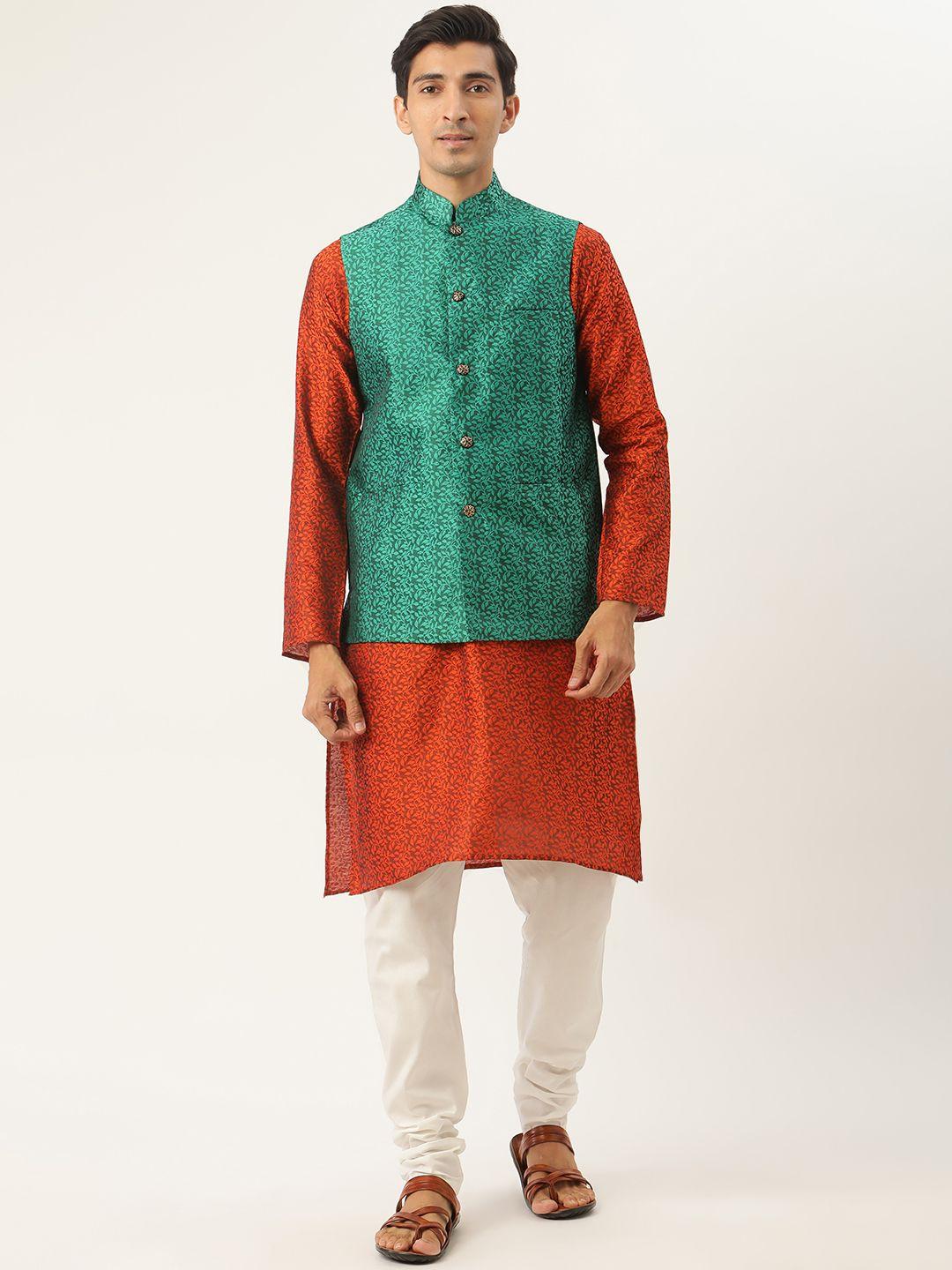 sojanya men orange & green ethnic motifs woven design kurta with churidar & nehru jacket
