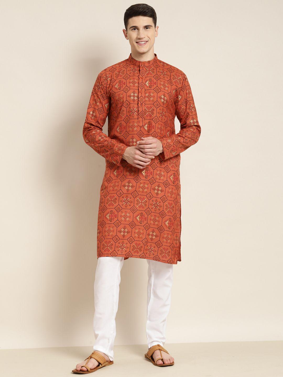 sojanya men orange printed cotton linen kurta with churidar